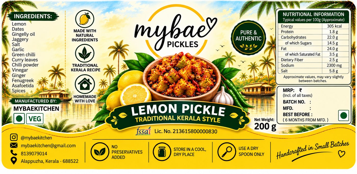 MYBAE Lemon Pickle full label with ingredients and nutrition